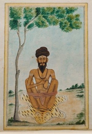 Yogi jambes liées méditant sur une peau de léopard