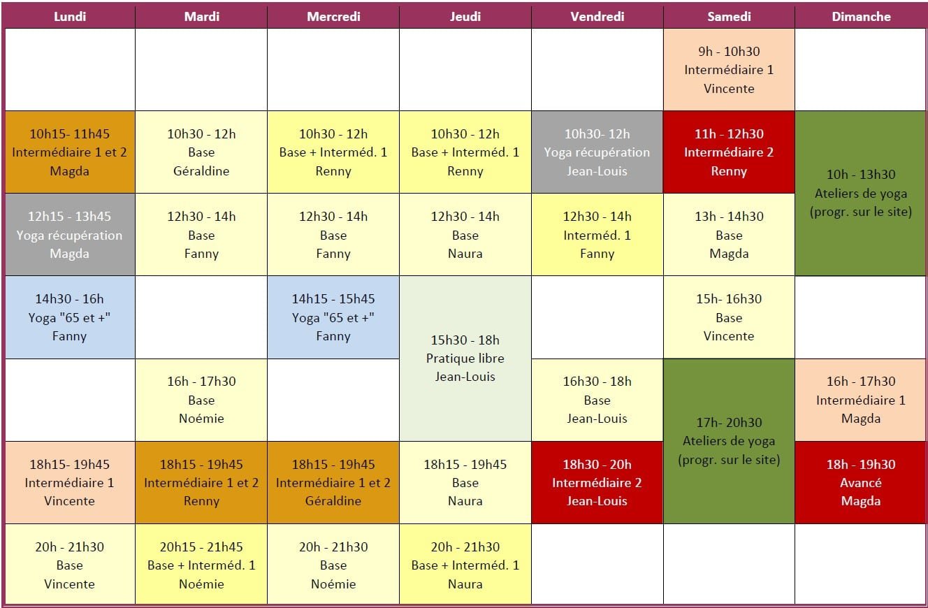 Planning général des cours hebdomadaires Planning général des cours hebdomadaires